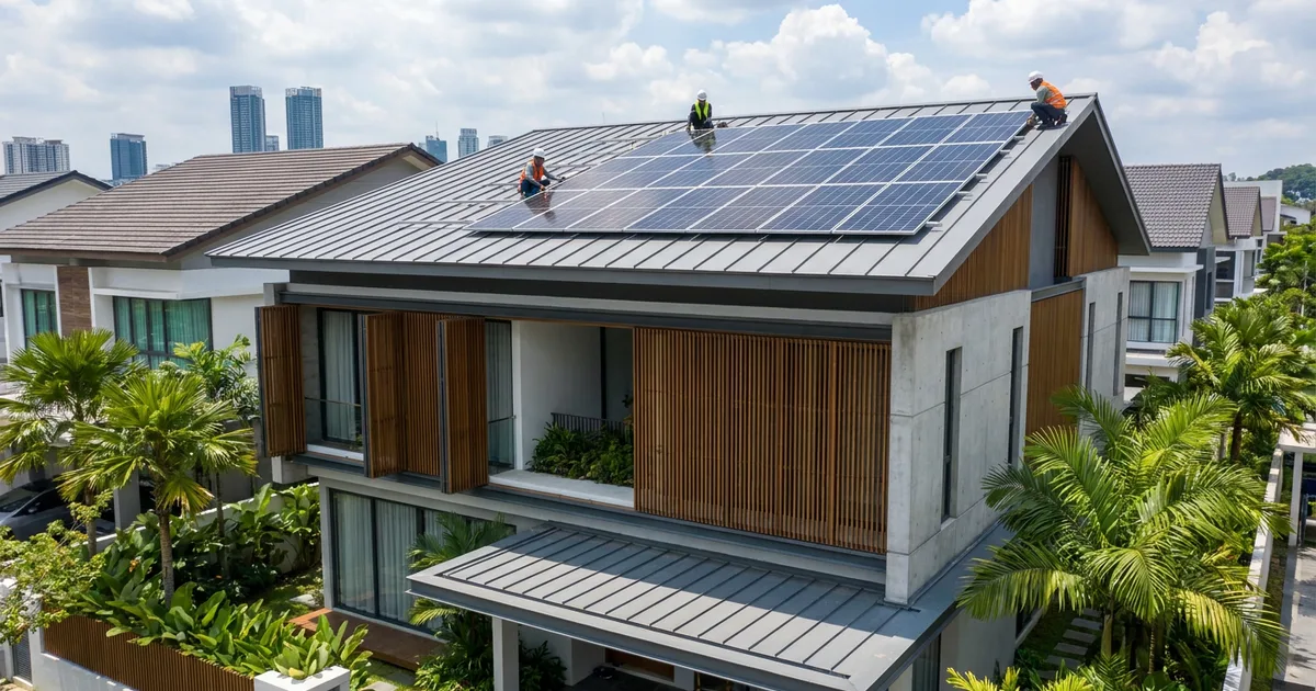 Solar panels on the roof of a Malaysian terrace home
